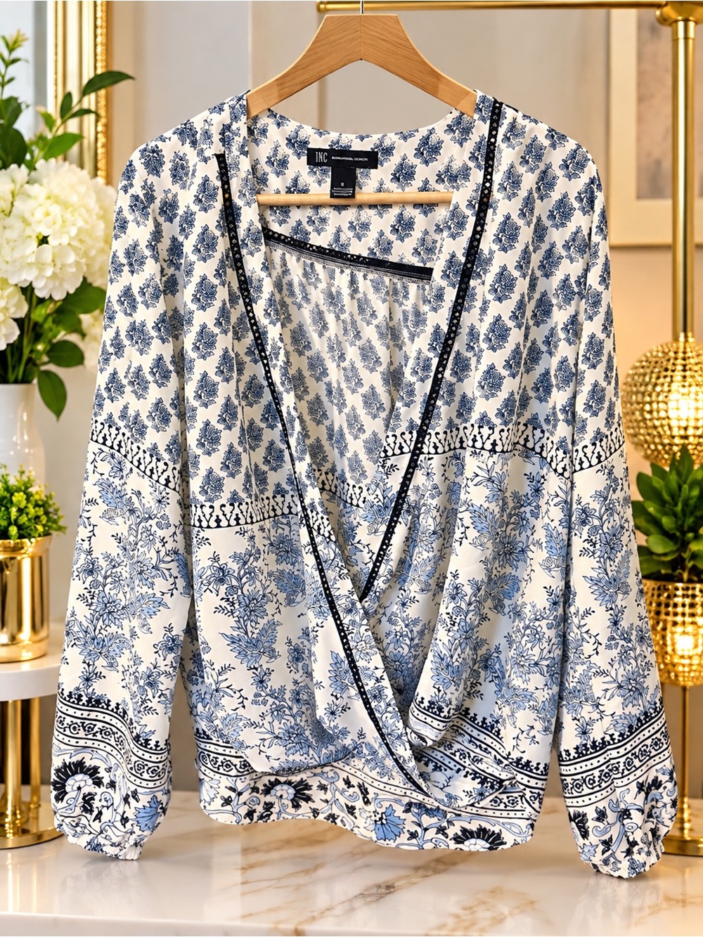INC International Concepts White and Blue Floral Wrap Blouse
